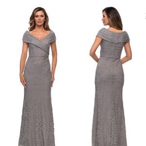 La Femme Portrait Neck Lace Gown Maxi Dress 27982 in Platinum Size 8